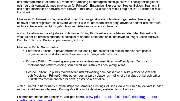 Mjukvara för utskrifter från mobila enheter nu fullt kompatibla med Samsungs mellan- och höghastighetsskrivare 