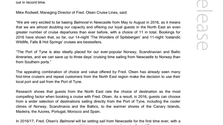 Fred. Olsen Cruise Lines increases its commitment to Newcastle with Balmoral’s first-ever cruise season in 2016