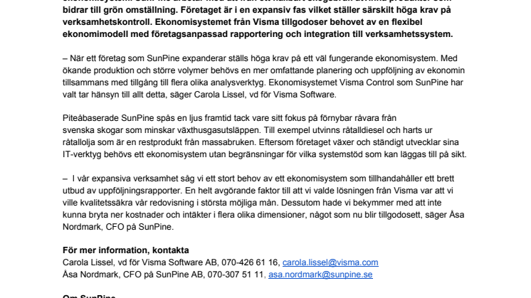 Ekonomisystem från Visma ger expansiva SunPine bättre kontroll