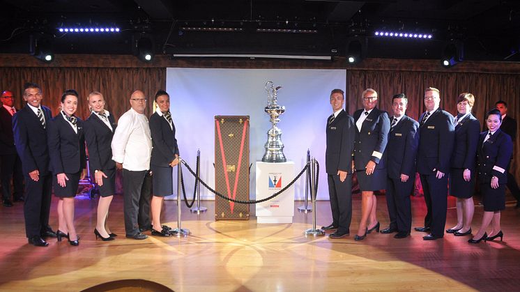 Lyndsey Milne, Hotel Manager of Fred. Olsen Cruise Lines’ 'Boudicca' (fifth from right), and the ship’s crew were proud to welcome the world-famous America’s Cup on board during the 35th America’s Cup, held in Hamilton, Bermuda.