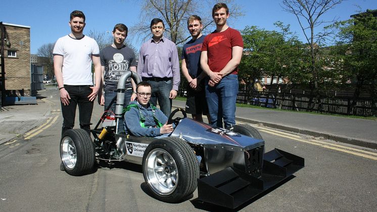 Students from Northumbria’s Mechanical, Automotive and Electrical Engineering programmes, with Dr Ulugbek Azim​ov (centre), Programme Leader in Automotive Engine​ering.