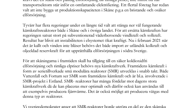 Motion: Säkra Skåne elförsörjning med ny kärnkraft