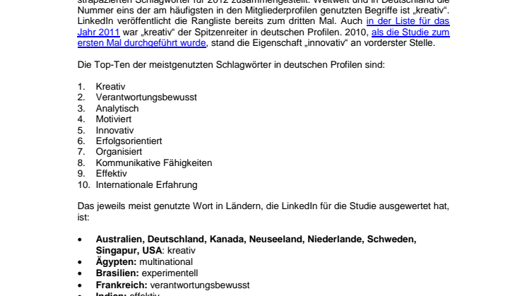 LinkedIn-Studie zu überstrapazierten Schlagwörtern in Online-Profilen: „Kreativ“, „organisationsstark” und „effektiv“ führen die Liste an