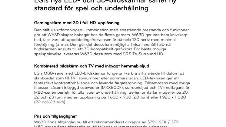 LG:s nya LED- och 3D-bildskärmar sätter ny standard för spel och underhållning