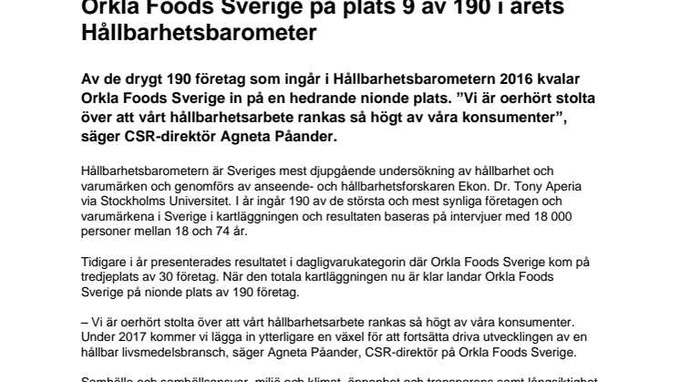 Orkla Foods Sverige på plats 9 av 190 i årets Hållbarhetsbarometer 