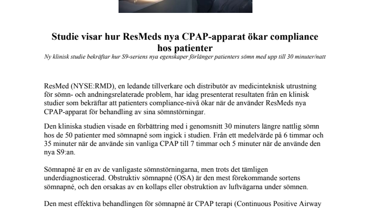 Studie visar hur ResMeds nya CPAP-apparat ökar compliance hos patienter
