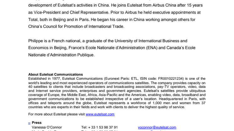Philippe Lin appointed CEO of Eutelsat China office