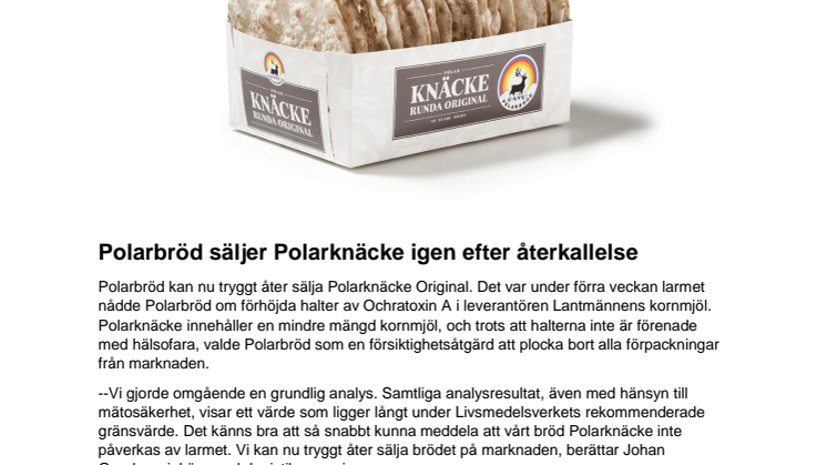 Polarbröd säljer Polarknäcke igen efter återkallelse