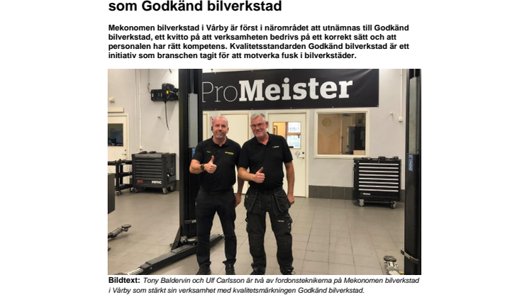 Mekonomen är först i Vårby att kvalificeras som Godkänd bilverkstad 