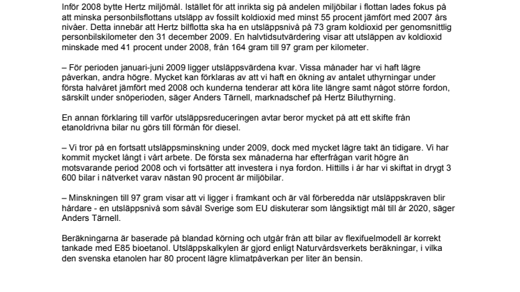Hertz redan i nivå med EU:s utsläppsmål för 2020  