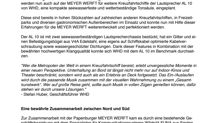 Wärtsilä FUNA beauftragt WHD mit Audio-Ausstattung für Kreuzfahrtschiffe