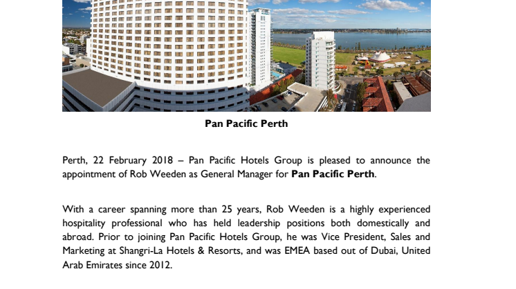 Pan Pacific Hotels Group Appoints Rob Weeden as General Manager, Pan Pacific Perth