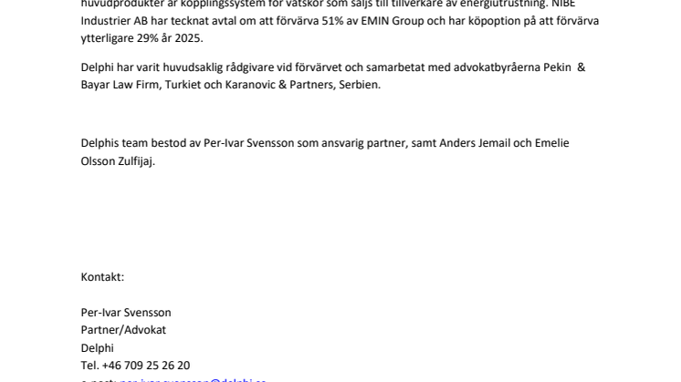 Delphi rådgivare till NIBE vid förvärv av EMIN Group i Turkiet/Serbien
