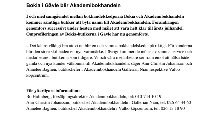 Bokia i Gävle blir Akademibokhandeln 