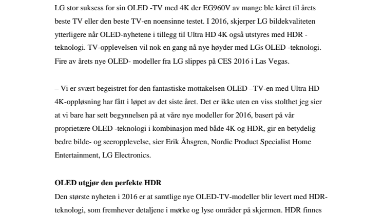 ​LGs NYE OLED-TV TAR SEEROPPLEVELSEN TIL NYE HØYDER MED 4K, HDR OG 30 PROSENT STØRRE FARGEROM