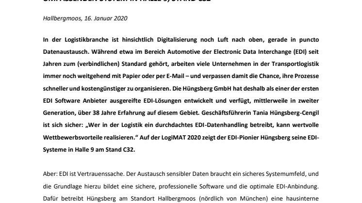 LOGIMAT 2020: HÜNGSBERG PRÄSENTIERT PROFESSIONELLE EDI-SYSTEME  ZUM REIBUNGSLOSEN DATENAUSTAUSCH FÜR LOGISTIK UND HANDEL