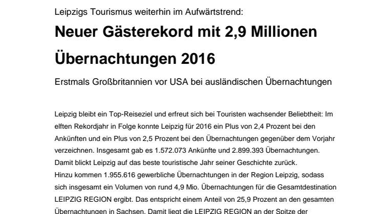 Pressemitteilung: Gästestatistik Leipzig 2016