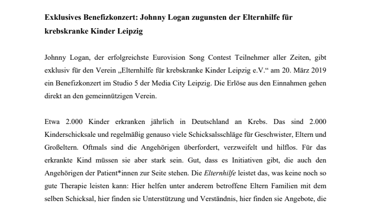 Exklusives Benefizkonzert: Johnny Logan zugunsten der Elternhilfe für krebskranke Kinder Leipzig