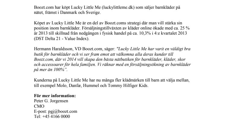 Boozt.com köper Lucky Little Me - förväntas växa med minst 100%