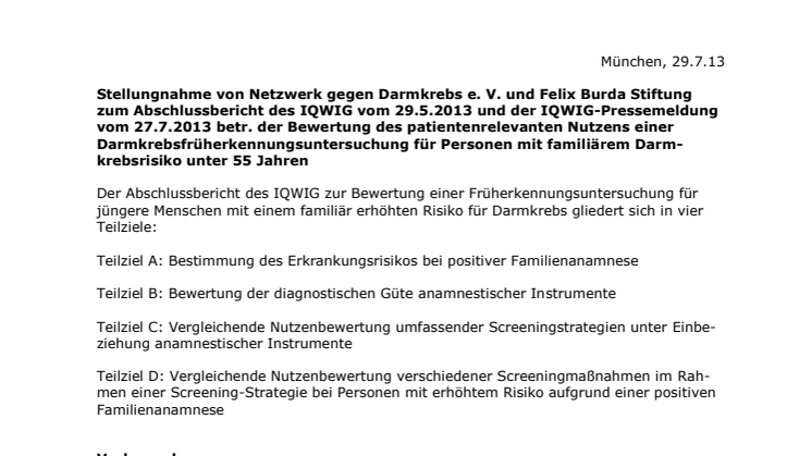 Stellungnahme der Felix Burda Stiftung und des Netzwerk gegen Darmkrebs zum Abschlussbericht des IQWiG vom 29.5.2013