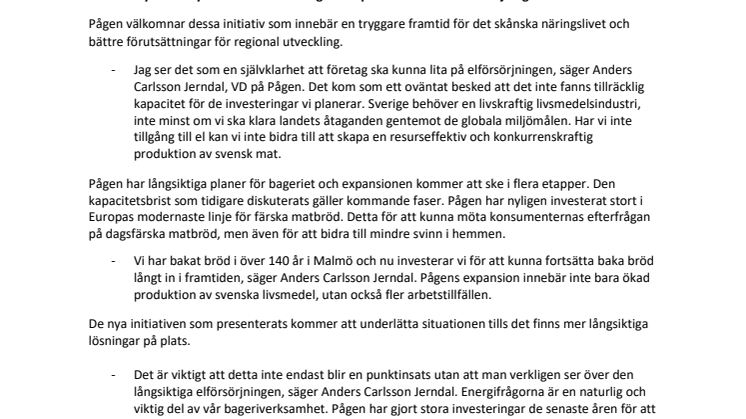 Pågen välkomnar initiativ för att lösa Skånes problem med  kapacitet i elnäten