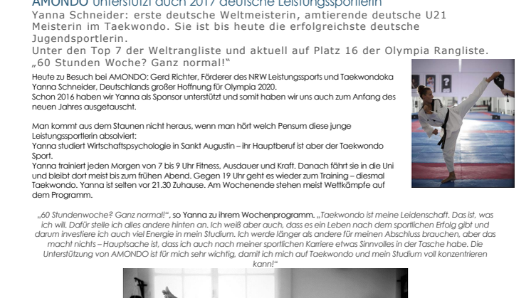 AMONDO unterstützt auch 2017 deutsche Leistungssportlerin