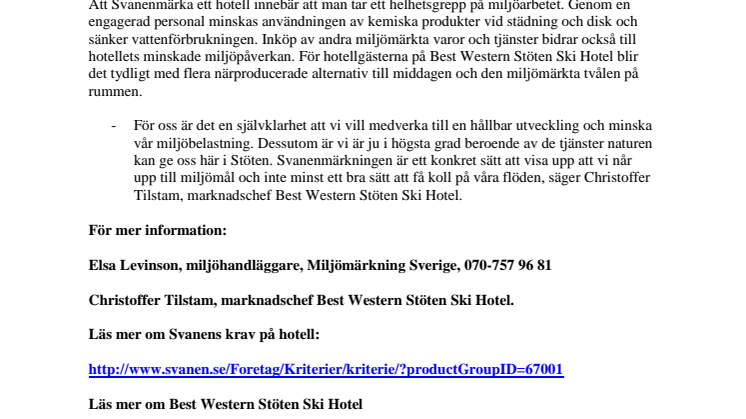 Best Western Stöten Ski Hotel först i Sälen med miljömärkning   