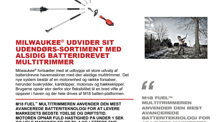 MILWAUKEE® UDVIDER SIT UDENDØRS-SORTIMENT MED ALSIDIG BATTERIDREVET MULTITRIMMER