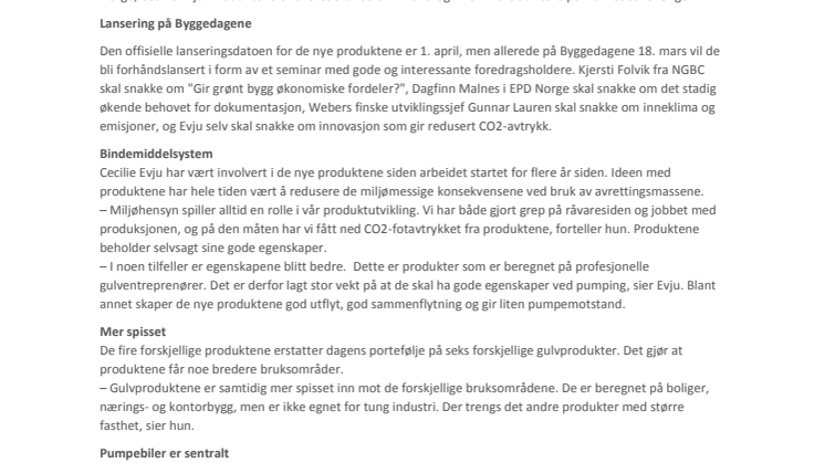 Weber lanserer mer miljøvennlige gulvprodukter på Byggedagene