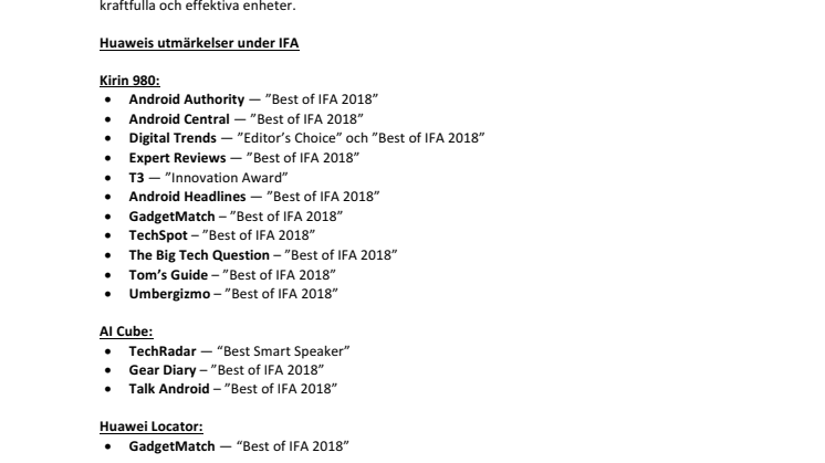 Huawei tilldelas flera utmärkelser under IFA 2018