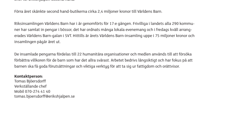 2,6 miljoner från second hand-butikerna till Världens Barn