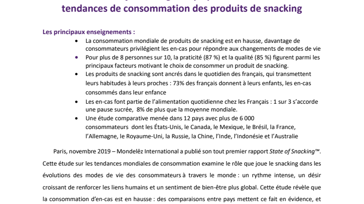 Mondelēz International publie son tout premier rapport mondial « State of Snacking™ » qui porte sur l’évolution des tendances de consommation des produits de snacking 