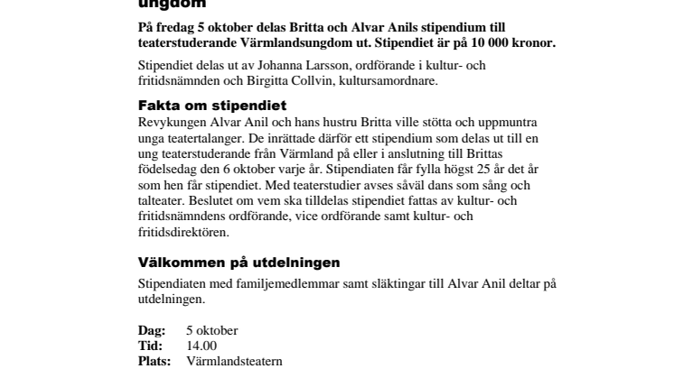 Pressinbjudan - Utdelning av Anilstipendiet för teaterstuderande ungdom