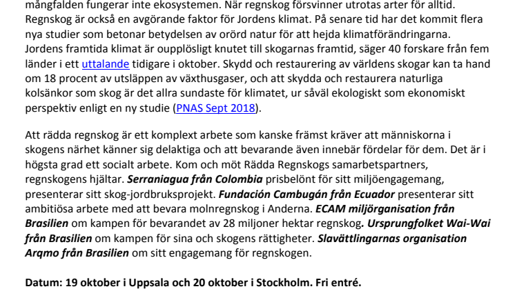 Regnskogens hjältar i Stockholm! Välkommen på seminarium lördag 20/10. Fri entré.