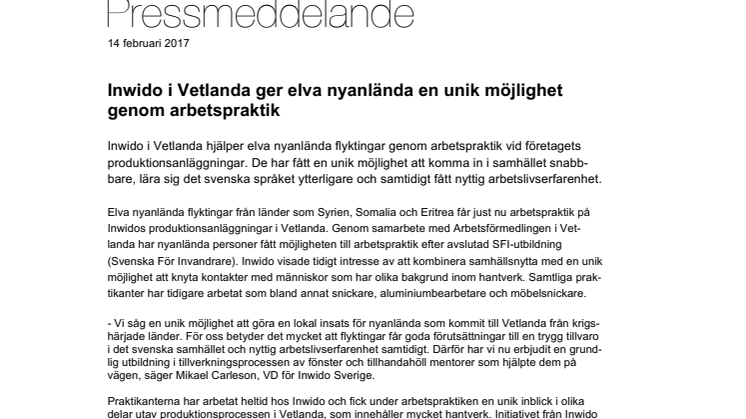 Inwido i Vetlanda ger elva nyanlända en unik möjlighet  genom arbetspraktik 