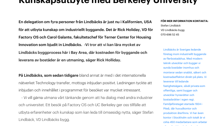 Kunskapsutbyte mellan Lindbäcks och Berkeley University