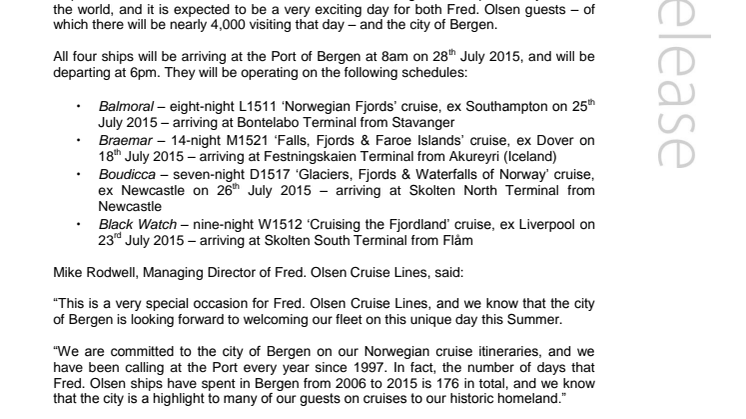 Fred. Olsen Cruise Lines’ fleet comes together for the first time ever – in Bergen – on 28th July 2015 