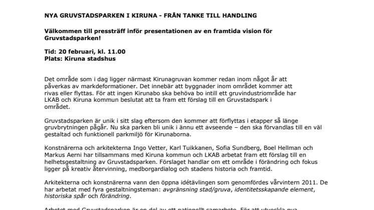 PRESSINBJUDAN: NYA GRUVSTADSPARKEN I KIRUNA - FRÅN TANKE TILL HANDLING