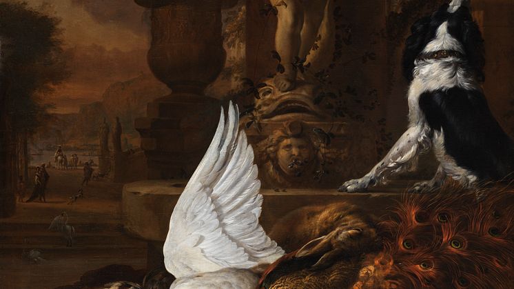 Jan Weenix, Still life with a dead swan, a peacock and a dog next to a fountain, 1684.Photo: Anna Danielsson/Nationalmuseum.