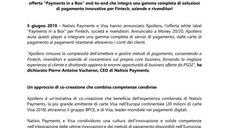 Natixis Payments e Visa lanciano Xpollens, un'offerta white label "Payments in a Box" per beneficiare delle opportunità offerte da PSD2