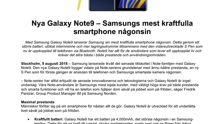 Nya Galaxy Note9 – Samsungs mest kraftfulla smartphone någonsin