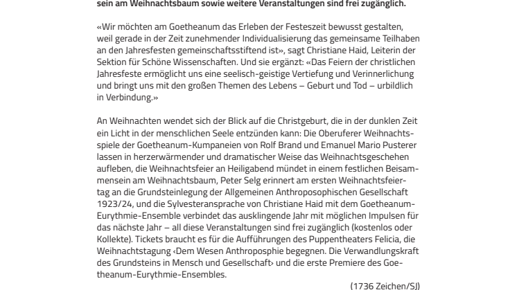 Ein Licht in der dunklen Zeit. ​Das Goetheanum lädt dazu ein, Weihnachten gemeinsam zu feiern