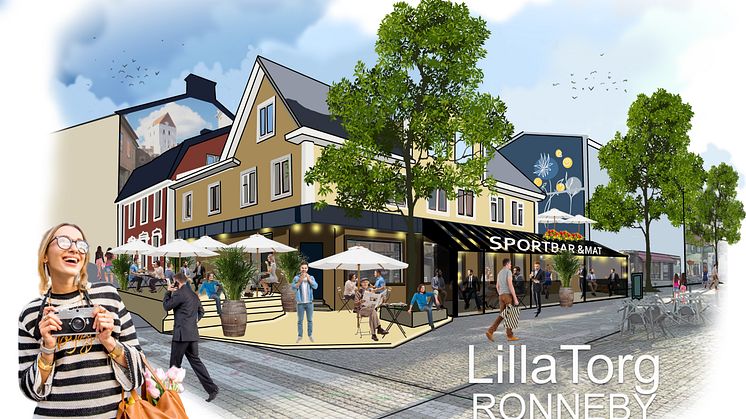 En visionsbild med fast paviljong för servering året om i hörnet Karlskronagatan-Prinsgatan, fd Rågårds lokal