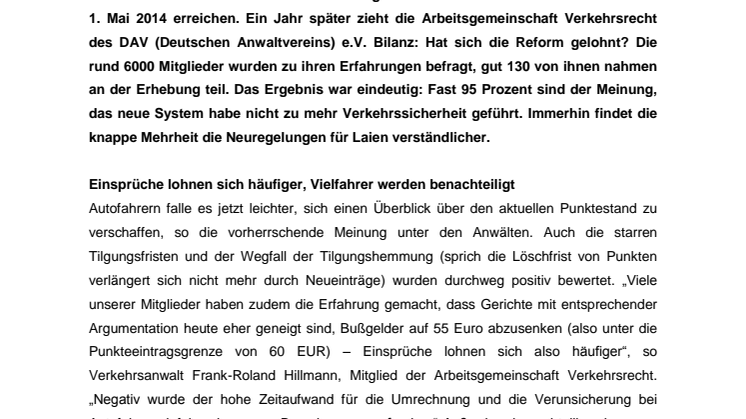 Punktreform – ein Jahr danach: Kein Punktsieg für die Verkehrssicherheit