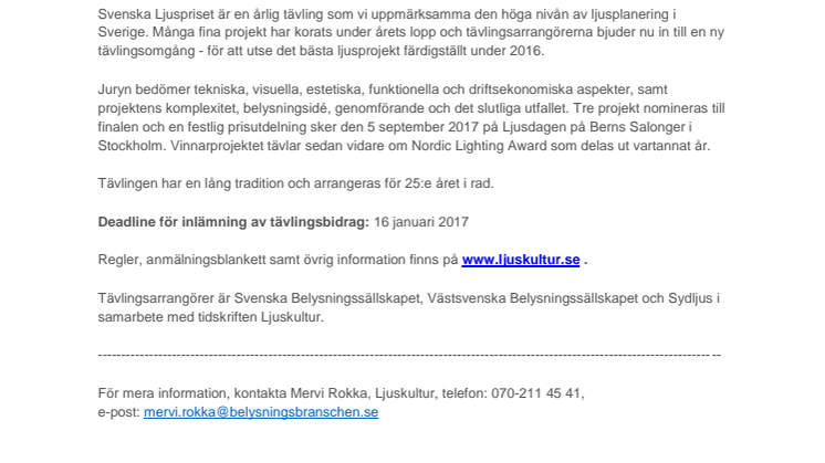 Inbjudan: Välkommen att tävla om årets bästa ljusprojekt