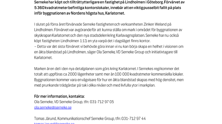Serneke gör sista markköpet för Karlavagnsplatsen