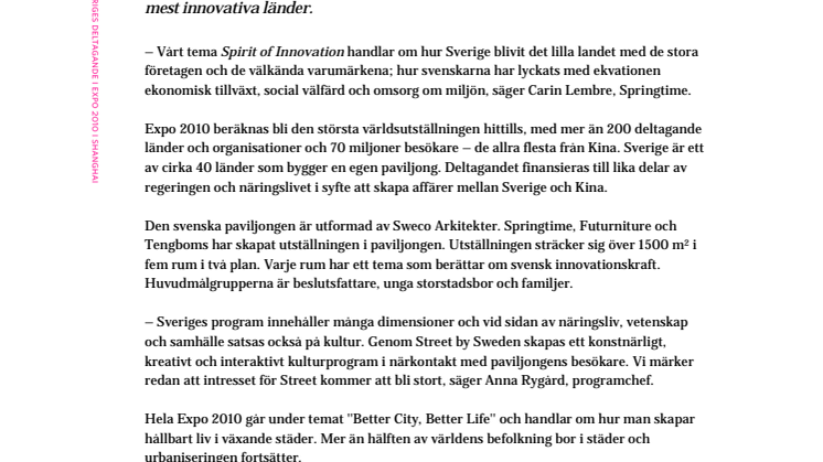 Sveriges deltagande på Expo 2010 presenteras