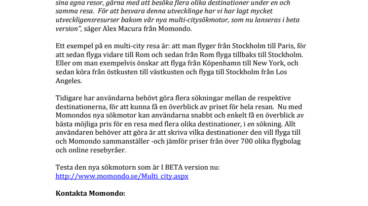 Momondo lanserar ny sökmotor för multi-cityresor