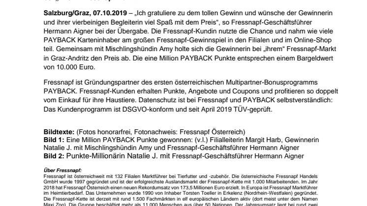 Grazerin wird Punkte-Millionärin: Fressnapf Österreich verlost eine Million PAYBACK Punkte