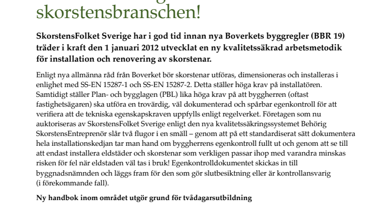 Behörig SkorstensEntreprenör – ny  kvalitetssäkring av hantverkare inom skorstensbranschen!